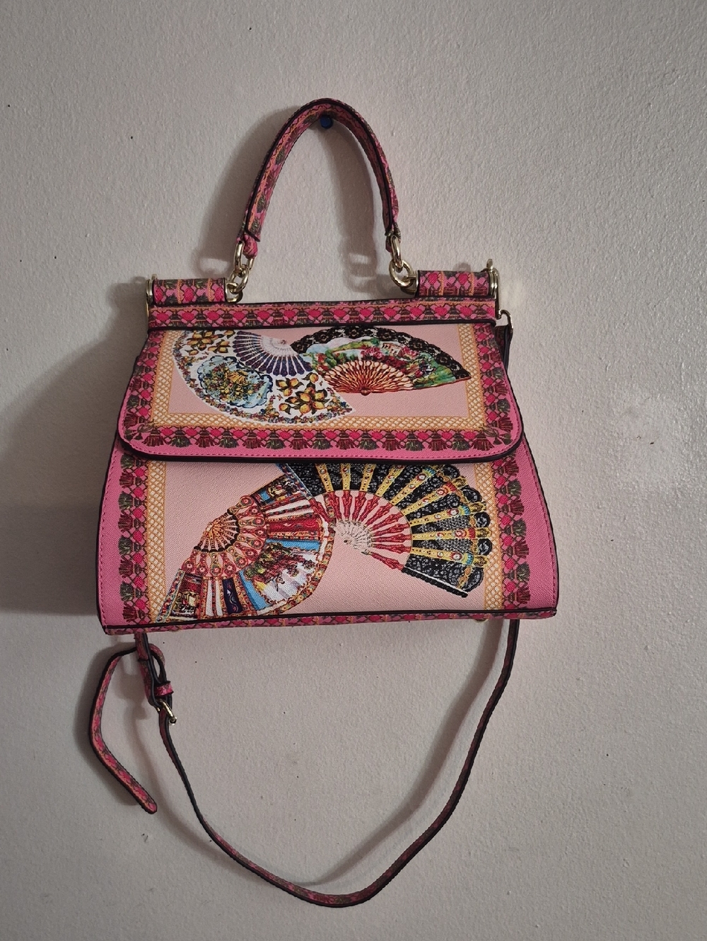 Pink Fan-Embellished Top-Handle Satchel